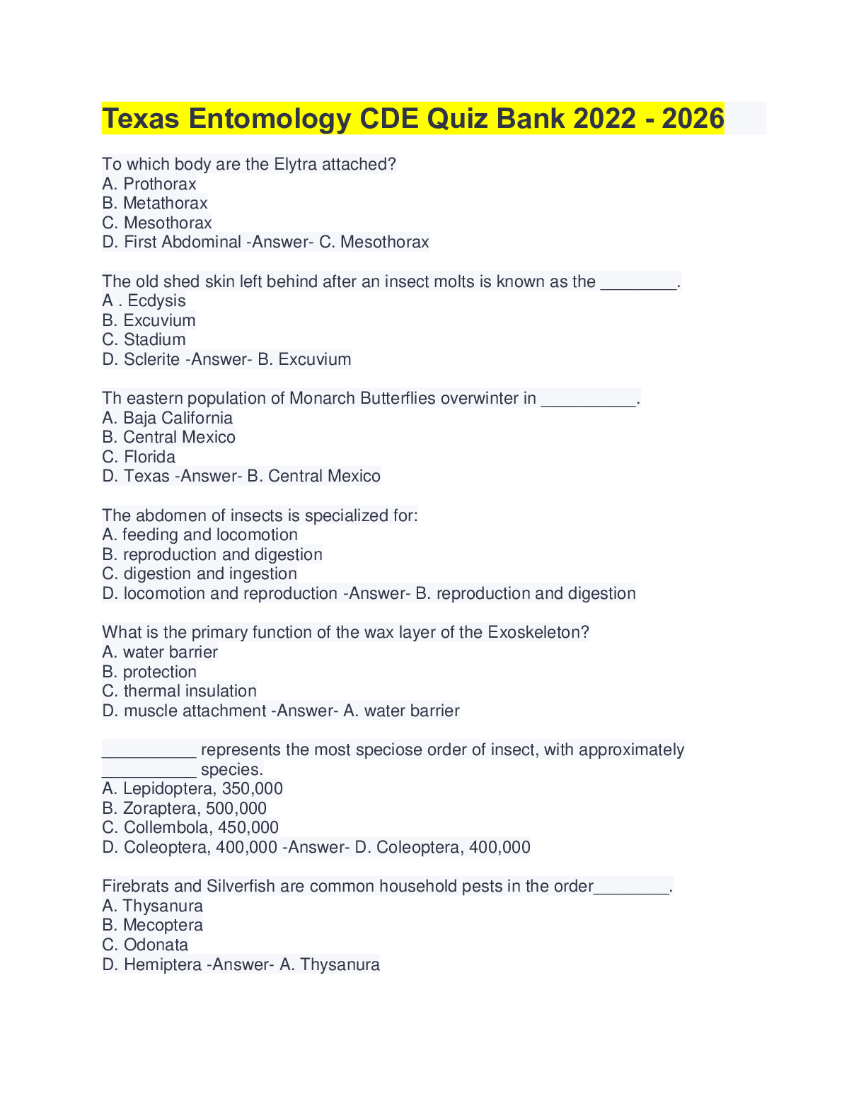 Preview image for Texas Entomology CDE Quiz Bank 2022 - 2026